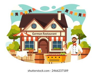 German Food Restaurant Vector Illustration featuring a Collection of Delicious Traditional Cuisine and Drinks on a Flat Style Cartoon Background