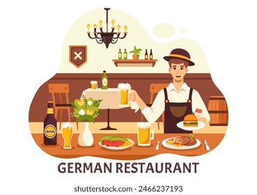 German Food Restaurant Vector Illustration featuring a Collection of Delicious Traditional Cuisine and Drinks on a Flat Style Cartoon Background