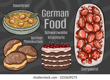 German food. A set of classic dishes. Cartoon hand drawn illustration.