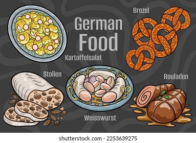 German food. A set of classic dishes. Cartoon hand drawn illustration.