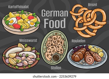 German food. A set of classic dishes. Cartoon hand drawn illustration.