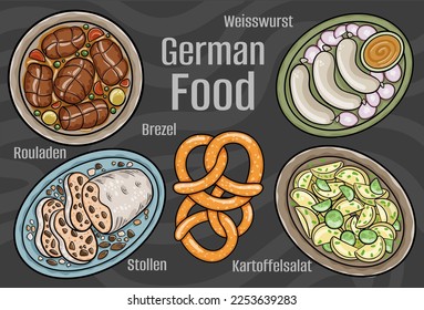 German food. A set of classic dishes. Cartoon hand drawn illustration.