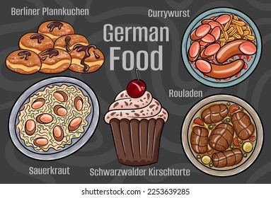 German food. A set of classic dishes. Cartoon hand drawn illustration.