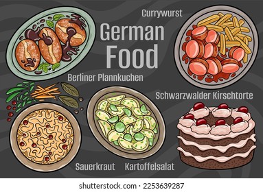 German food. A set of classic dishes. Cartoon hand drawn illustration.