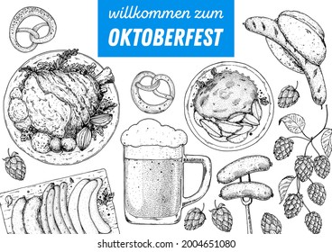 German food sketch. Oktoberfest menu design template.  Hand drawn vector illustration. German cuisine. Black and white. Engraved style. Hand drawn food, sketch illustration