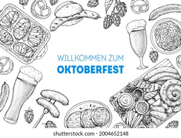 German food sketch. Oktoberfest menu design template.  Hand drawn vector illustration. German cuisine. Black and white. Engraved style. Hand drawn food, sketch illustration