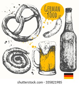 German food in the sketch style. European traditional products. Vector illustration of ethnic cooking: beer, pretzels, sausages. Main course and snacks.