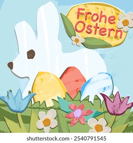 ‘Happy Easter’ in German, free hand draw with texture. Vector isolated graphics. Original cut out style. Pepper like. 