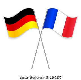 German and French crossed flags. Germany combined with France isolated on white. Language learning, international business or travel concept.