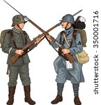 German and French Soldiers from First World War Crossing Each Others Rifles with Bayonets, Illustration Isolated on White Background, EPS 10 Vector
