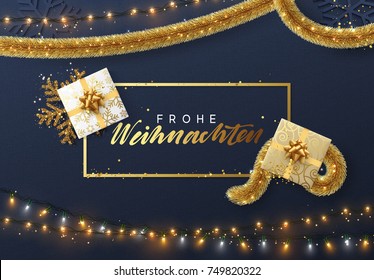 German Frohe Weihnachten, Christmas background with bright composition design. Xmas sparkling lights garland with gifts and golden tinsel. Vector banner, posters, cards, website.