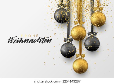 German Frohe Weihnachten. Christmas greeting card, design of xmas balls with golden glitter confetti