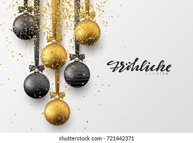 German Frohliche Weihnachten. Christmas greeting card, design of xmas balls with golden glitter confetti