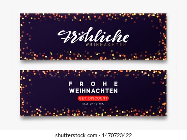 German Frohliche Weihnachten translation Merry Christmas. Horizontal banner Merry Christmas and Happy New Year on dark blue background handwritten calligraphy text, bright bokeh lights.