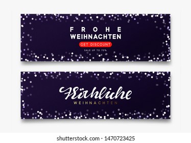 German Frohliche Weihnachten translation Merry Christmas. Horizontal banner Merry Christmas and Happy New Year on dark blue background handwritten calligraphy text, bright bokeh lights.