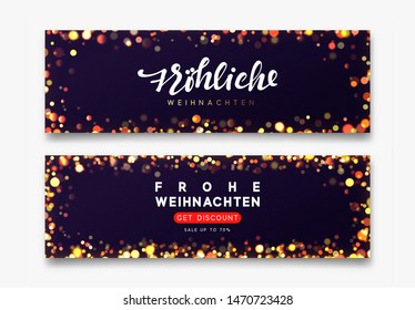 German Frohliche Weihnachten translation Merry Christmas. Horizontal banner Merry Christmas and Happy New Year on dark blue background handwritten calligraphy text, bright bokeh lights.