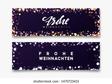 German Frohliche Weihnachten translation Merry Christmas. Horizontal banner Merry Christmas and Happy New Year on dark blue background handwritten calligraphy text, bright bokeh lights.