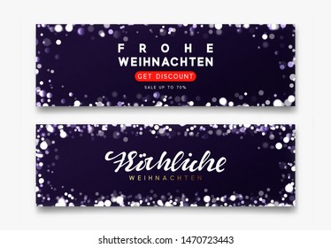 German Frohliche Weihnachten translation Merry Christmas. Horizontal banner Merry Christmas and Happy New Year on dark blue background handwritten calligraphy text, bright bokeh lights.