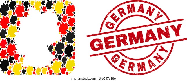 German geographic map collage in German flag official colors - red, yellow, black, and Germany red circle watermark. Germany seal uses vector lines and arcs.