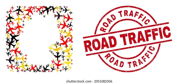 German geographic map collage in Germany flag official colors - red, yellow, black, and scratched Road Traffic red circle badge. Road Traffic seal uses vector lines and arcs.