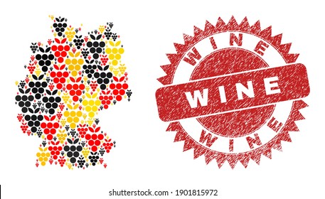 German geographic map mosaic in German flag official colors - red, yellow, black, and distress Wine red rosette seal. Vector grape berry pictograms are scattered into stylized German map mosaic.