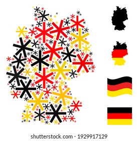 German geographic map mosaic in German flag official colors - red, yellow, black. Vector primitive snowflake pictograms are organized into stylized German map mosaic.