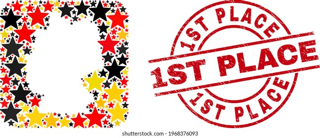 German Geographic Map Mosaic In German Flag Official Colors - Red, Yellow, Black, And Rubber 1St Place Red Round Watermark. 1St Place Badge Uses Vector Lines And Arcs.