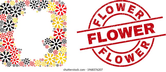 German geographic map mosaic in German flag official colors - red, yellow, black, and scratched Flower red circle stamp seal. Flower seal uses vector lines and arcs.
