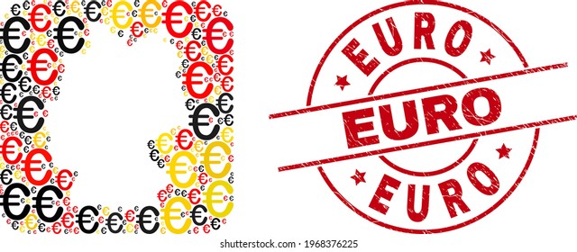 German geographic map mosaic in German flag official colors - red, yellow, black, and Euro red round stamp imitation. Euro badge uses vector lines and arcs.
