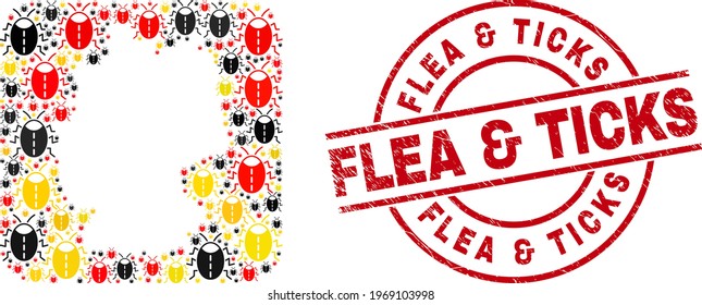 German geographic map mosaic in German flag official colors - red, yellow, black, and rubber Flea and Ticks red circle seal. Flea and Ticks seal uses vector lines and arcs.