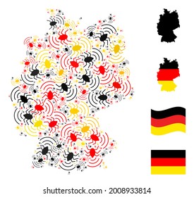 Mosaico geográfico alemán de mapa en los colores oficiales de la bandera alemana - rojo, amarillo, negro. Los elementos de diseño de bichos de radio vectores se organizan en un mosaico de mapas alemán conceptual.