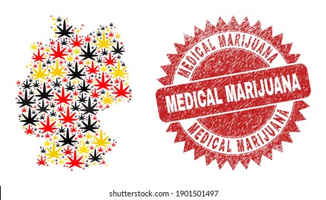 German geographic map mosaic in Germany flag official colors - red, yellow, black, and dirty Medical Marijuana red rosette stamp imitation.