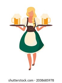 German Girl Holding Large Beer Glasses Semi Flat Color Vector Character. Full Body Person On White. Oktoberfest Waitress Isolated Modern Cartoon Style Illustration For Graphic Design And Animation