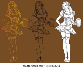 German girl in national costume with a mug of beer. Vector line drawing made by hand. Oktoberfest.