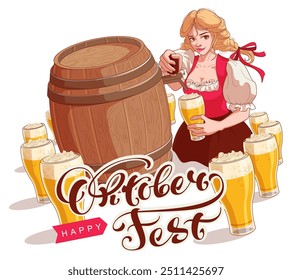 German girl pouring beer from keg oktoberfest beer festival. Vector cartoon illustration greeting card