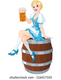 German girl sits on the keg and holds mug 