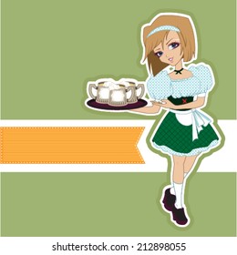 German girl waitress carries beer at Oktoberfest. Vector cartoon illustration