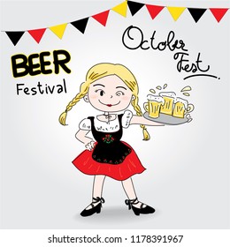 the German girl wear traditional dress.October fest.Beer festival.