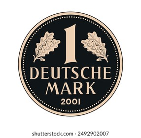 German gold coin, Farewell to the Deutsche Mark, 2001.
The coin is depicted in black and white. 