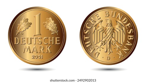 German gold coin, Farewell to the Deutsche Mark, 2001.
Reverse and obverse of the German coin one mark.