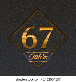 German golden number sixty-seven years (67 years) celebration design. Anniversary golden number with luxury backgrounds for your birthday party