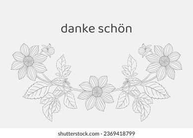 German gratitude lettering "danke schon", in English means "thank you". German lettering with hand-drawn flower. Thank you note. Vector illustration