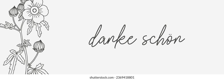 German gratitude lettering "danke schon", in English means "thank you". German lettering with hand-drawn flower. Thank you note. Vector illustration