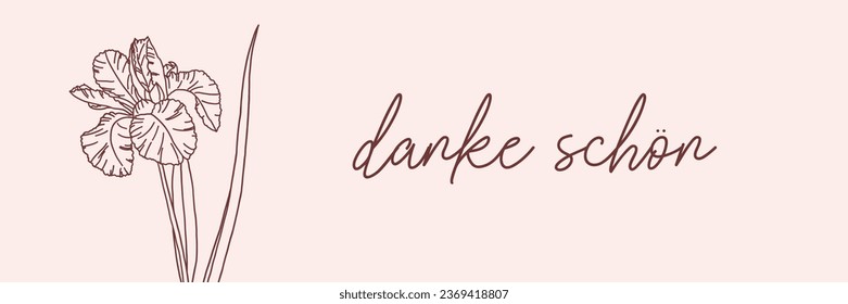 German gratitude lettering "danke schon", in English means "thank you". German lettering with hand-drawn flower. Thank you note. Vector illustration