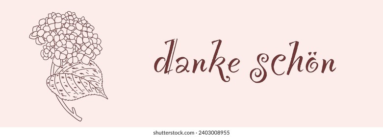 German gratitude lettering "danke schon", in English means "thank you". German lettering with hand-drawn flower. Thank you note. Vector illustration