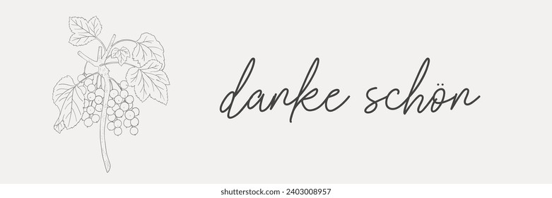 German gratitude lettering "danke schon", in English means "thank you". German lettering with hand-drawn flower. Thank you note. Vector illustration