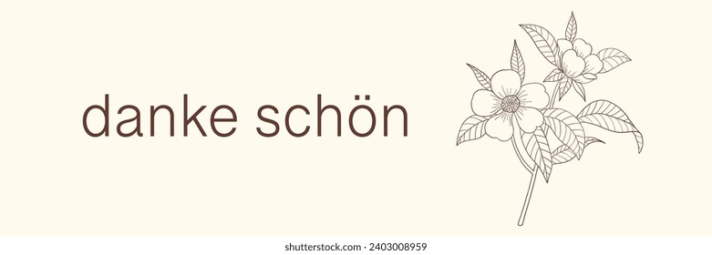 German gratitude lettering "danke schon", in English means "thank you". German lettering with hand-drawn flower. Thank you note. Vector illustration