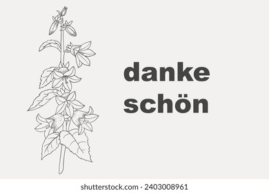 German gratitude lettering "danke schon", in English means "thank you". German lettering with hand-drawn flower. Thank you note. Vector illustration