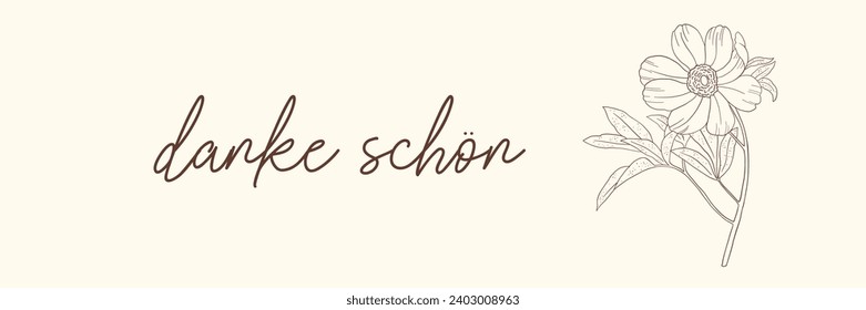 German gratitude lettering "danke schon", in English means "thank you". German lettering with hand-drawn flower. Thank you note. Vector illustration