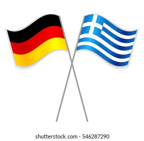 German and Greek crossed flags. Germany combined with Greece isolated on white. Language learning, international business or travel concept.